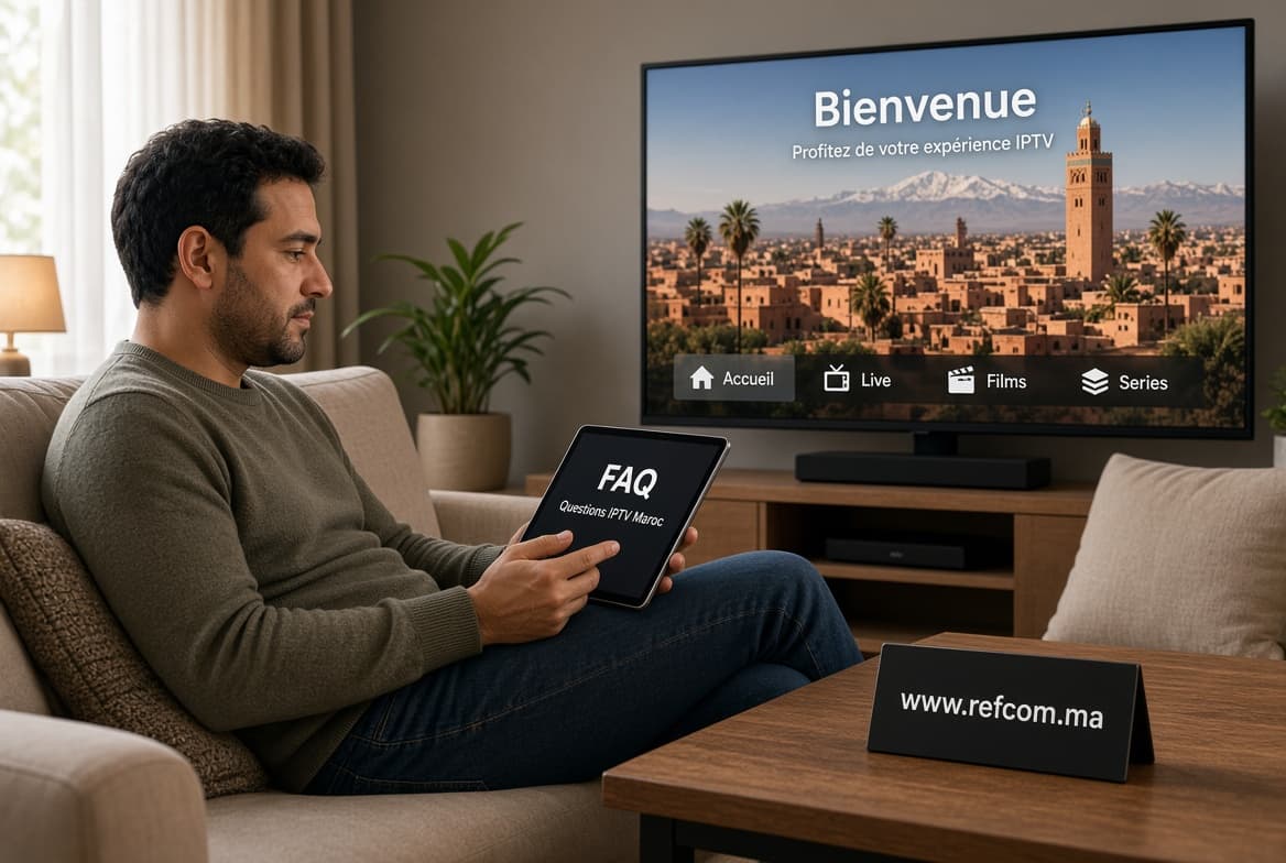 Consultation des questions fréquentes IPTV Maroc sur une tablette devant un téléviseur