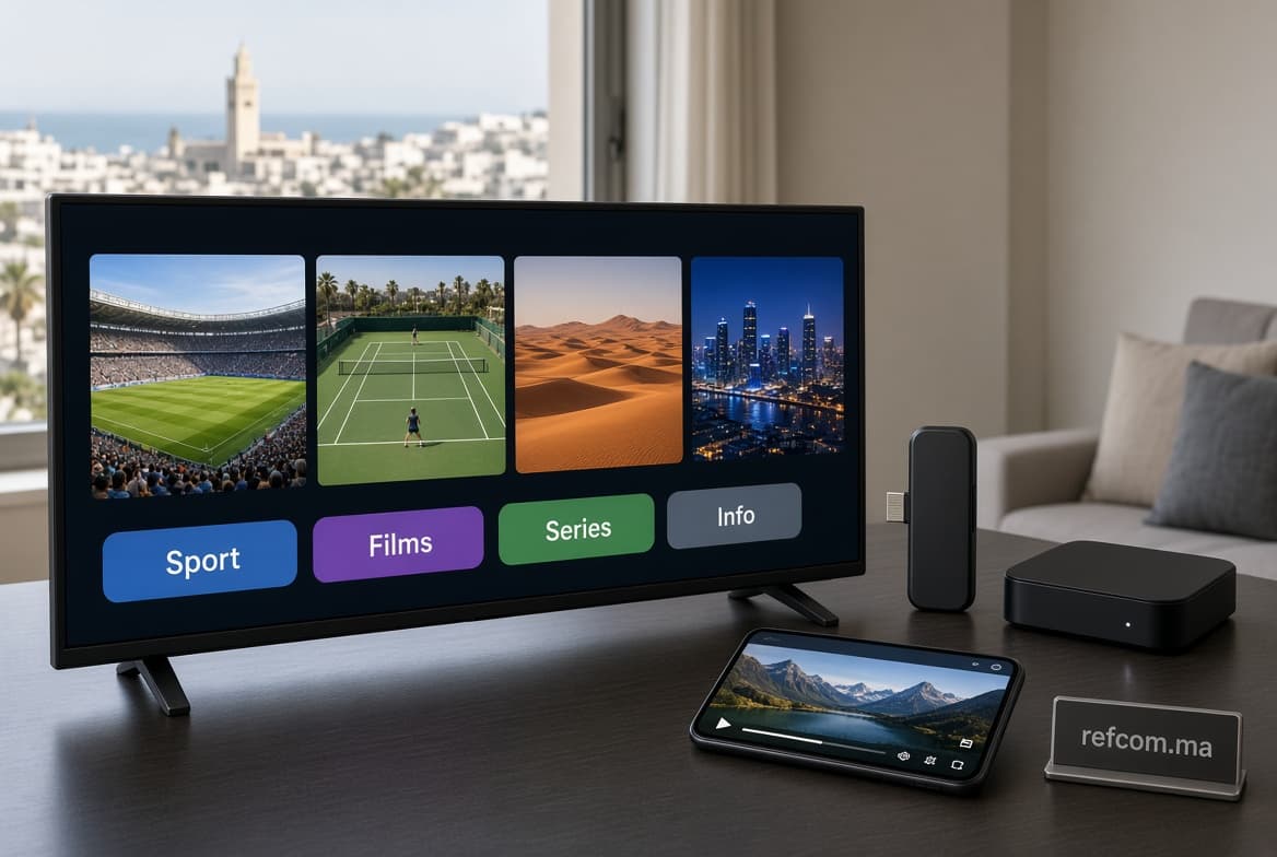 Écran Smart TV 4K avec catalogue IPTV, Fire TV Stick, box Android et téléphone — appareils compatibles Refcom.ma
