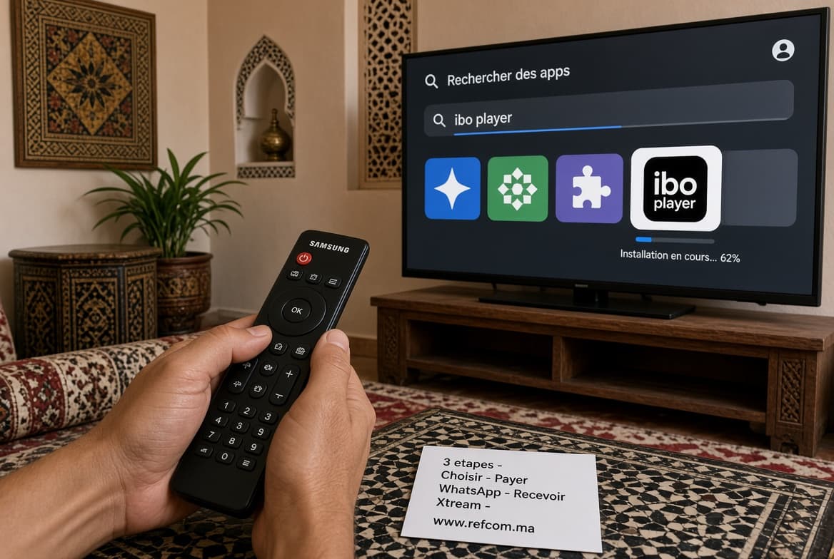 Installation d’une application IPTV sur Smart TV Samsung, télécommande en main, étapes de commande Refcom.ma