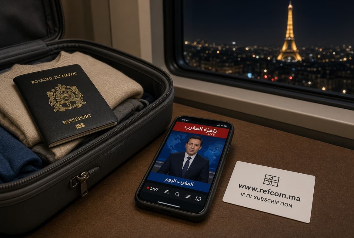 Passeport marocain et téléphone diffusant une chaîne en direct depuis la France