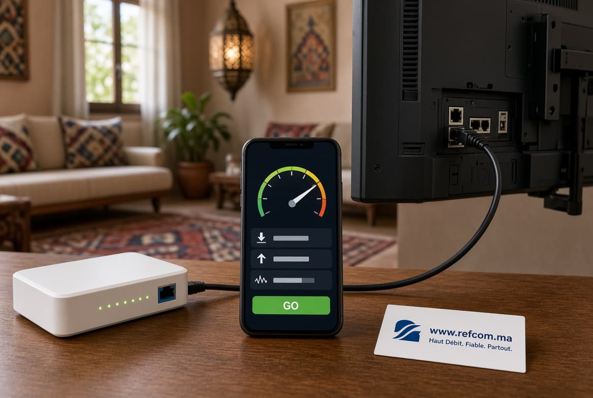 Mesure de débit et câble Ethernet branché à un téléviseur pour une lecture IPTV fluide