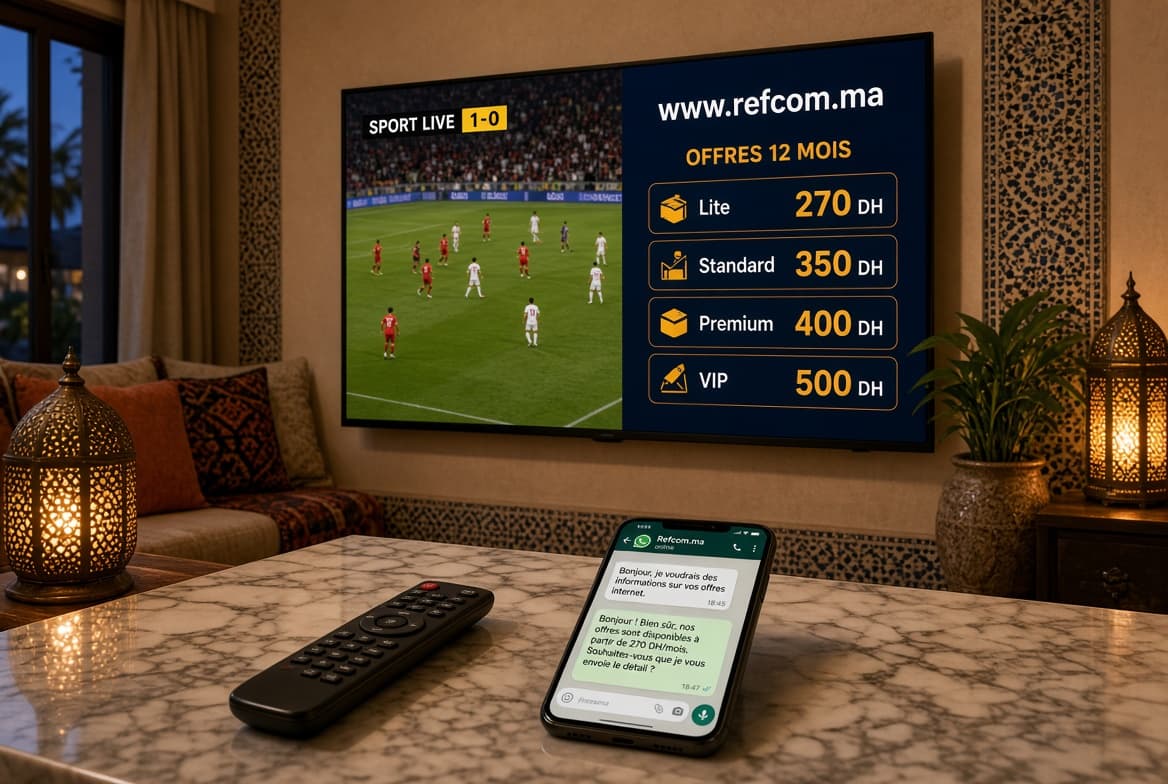 Abonnement IPTV Maroc sur Smart TV : offres Lite 270 DH, Standard 350 DH, Premium 400 DH et VIP 500 DH pour 12 mois — refcom.ma