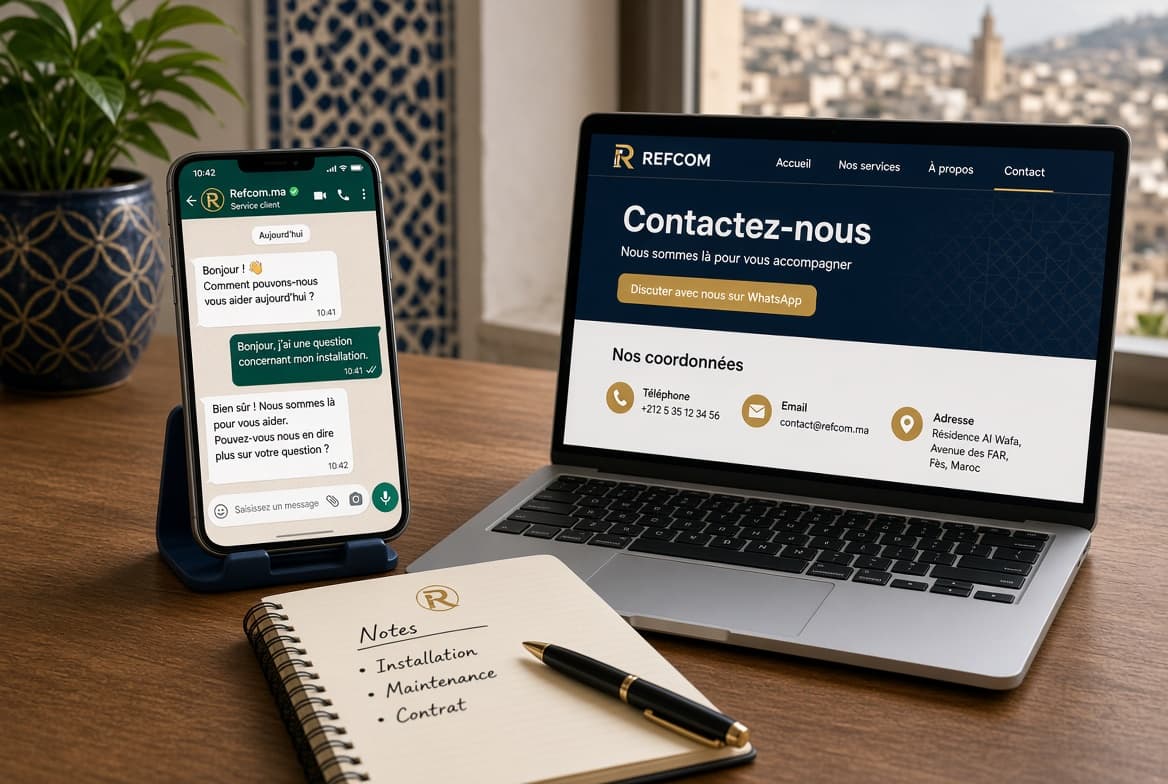 Contact Refcom.ma : conversation WhatsApp et site refcom.ma ouverts sur un bureau