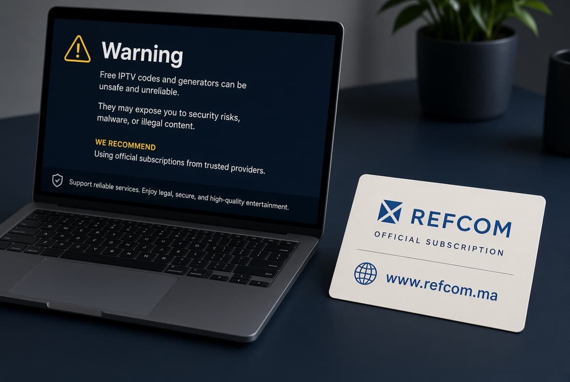 Mise en garde contre les codes IPTV gratuits et générateurs, face à un abonnement officiel Refcom.ma
